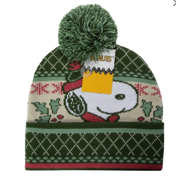 Snoopy Green Knit Pom-Pom Christmas Holiday Beanie Peanuts - Picture 3 of 3